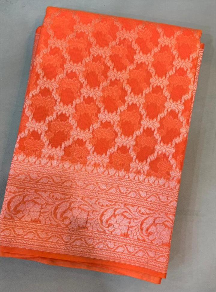 Banarasi  chanderi sarees - orange  color Search code 5219